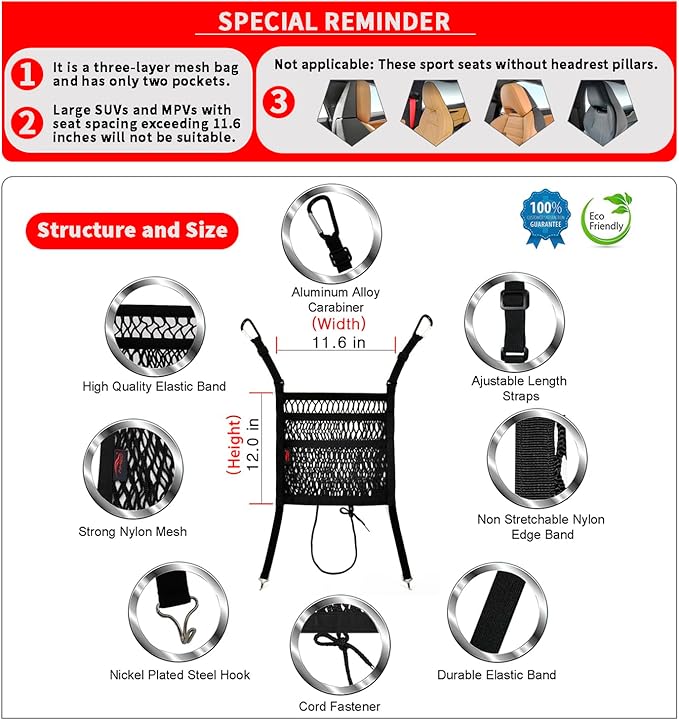 Car Accessories, Organizer Storage Between Front Seats, Purse Handbag Holder of 3 Layers Mesh Net Pocket Bag, Backseat Dog Pet Barrier, Patented