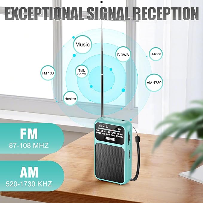 PRUNUS J-555 Pocket Radio AM FM USB-C Charging& Battery Operated, Excellent Reception& Clear Speaker and Headphone Jack, Back Clip, Flashlight, Transistor Radios, Portable Radios AM FM, Mini Radio