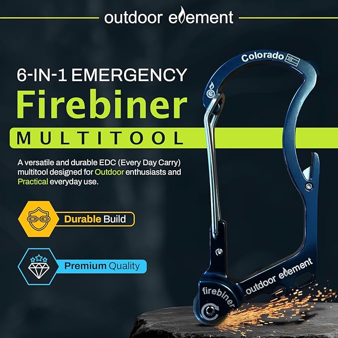 OUTDOOR ELEMENT Firebiner Custom Engraved 6-in-1 Fire Starter Carabiner Multitool – Survival Gear EDC Keychain with Utility Blade, Bottle Opener, Screwdriver, Emergency Tool