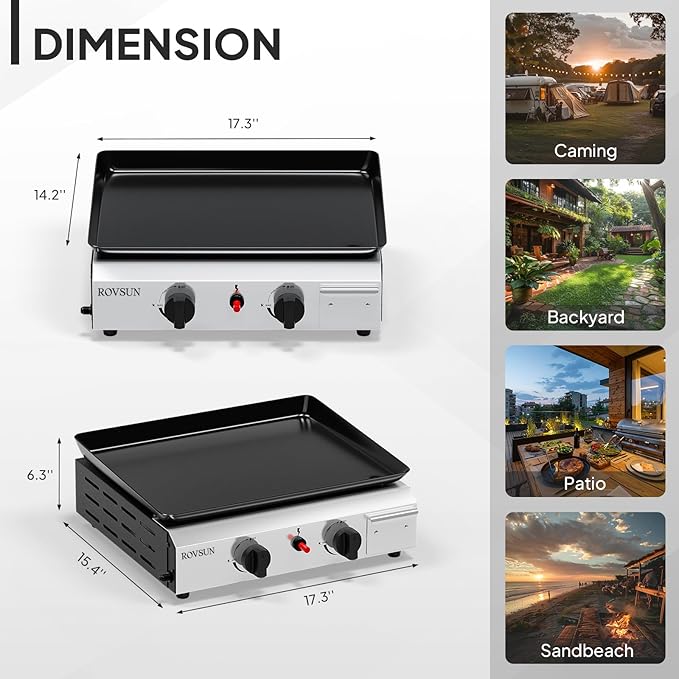 ROVSUN 2 Burner Portable Propane Griddle with Nonstick Enameled Tray, 20,000 BTU Tabletop Flat Top Gas Grill with Electronic Ignition & Regulator for Outdoor Cooking Camping BBQ Tailgating Picnicking
