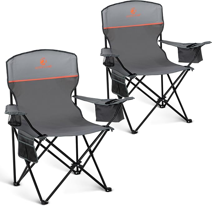 HIGH POINT SPORTS 2 Pack Portable Camping Chair for Adults, Folding Outdoor Camp Chair Lightweight Lawn Chairs Folding Collapsible Chair for Camping, Tailgates, Beach, Gray, Support 350 lbs