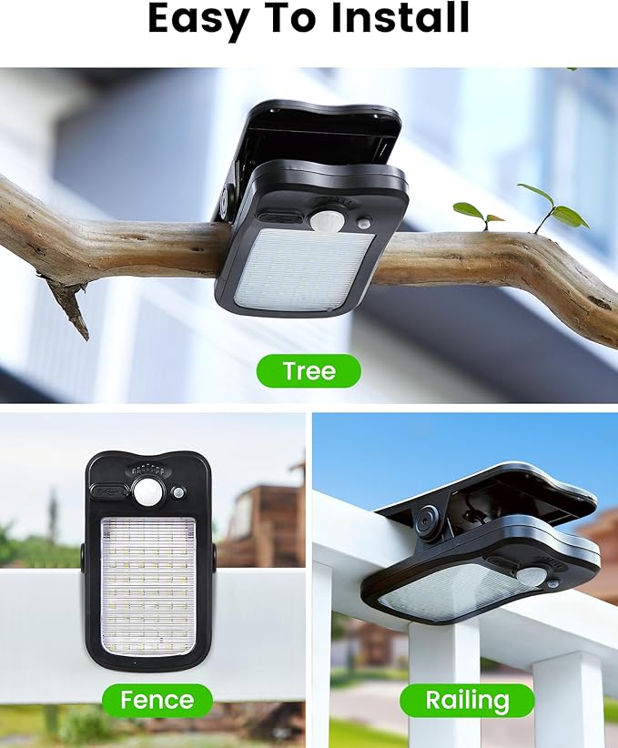 Clip on Solar Lights for Fence, 3 Modes Solar Motion Lights Outdoor Waterproof, 60LEDs 500LM Portable Security Light for Fence, Deck, Garage, Camping, USB Charging, 6 Black