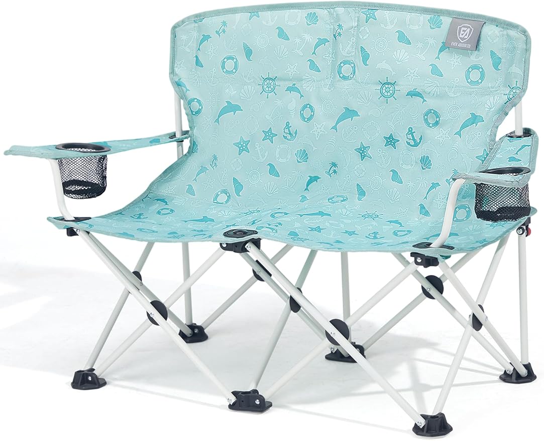 EVER ADVANCED Kids Double Camping Chair, Foldable Loveseat for Siblings & Twins with Cup Holders, Padded Kid Chair with Mesh Pocket, Portable Outdoor Sofa for Beach, Playroom, Supports 300lbs, Green