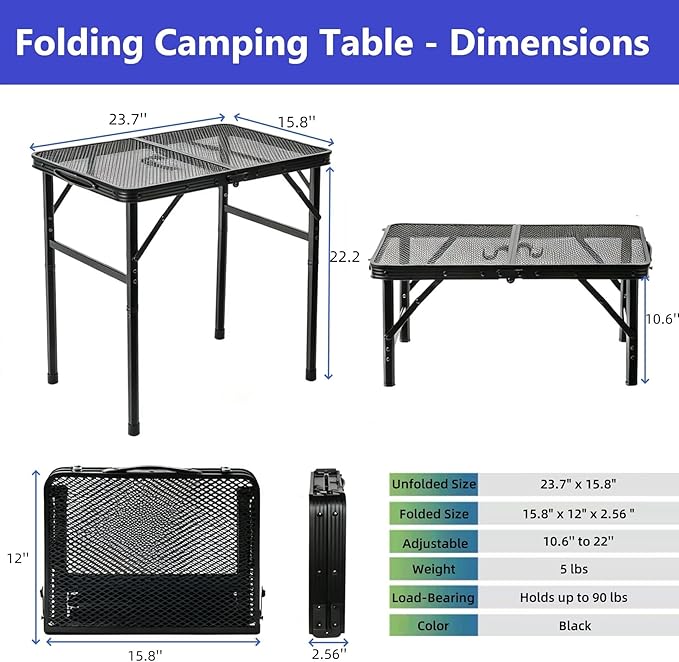 Gawerk Folding Portable Camping Grill Table, Lightweight Adjustable Height Metal Aluminum Picnic Table with Heat-Resistant Mesh Top for Outdoor, Barbeque, Camping & Travel, 24" x 16", Black