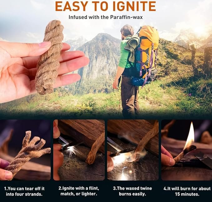 eGreen 30 Bags Magnesium Shavings + 20 Thin Wax Ropes (4" Long, 240 Min Burn Time) – Fire Starter Kit for Camping, Hiking, Survival