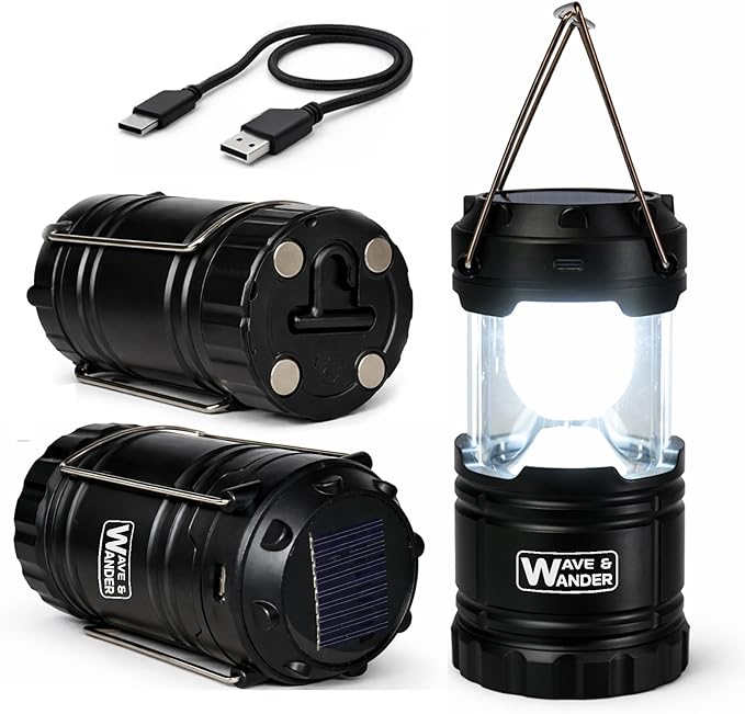 Solar & Rechargeable LED Camping Lantern - IP55 Waterproof, Hanging Hooks, Power Bank, Magnetic Base, Bright & Portable - Campervan, Camper, Hiking, Outdoor, Power Outage