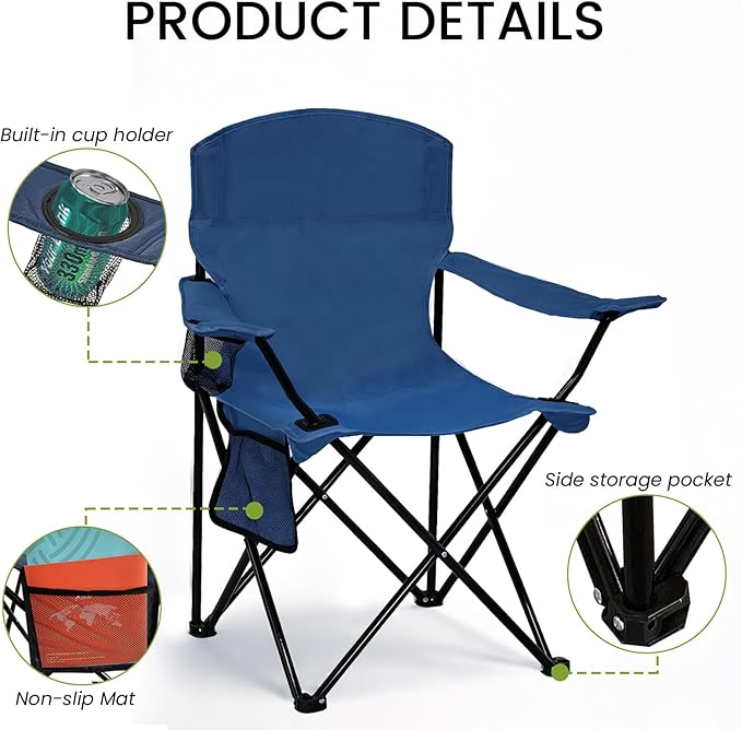 Folding Camping Chair with Cup Holder & Side Storage Bag 300lbs Capacity Lightweight High Back Portable for Beach, Picnic, Sport, Cyan