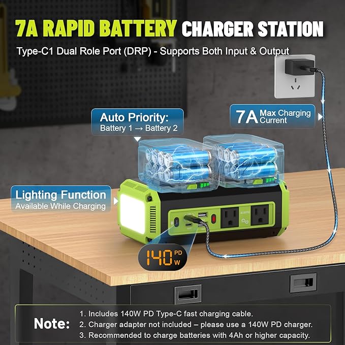 350W Power Inverter Pure Sine Wave Compatible with Ryobi 18V Battery(No Battery), 7A Fast Charger, Portable Power Station with 2 AC Outlets, 2 Type-C (140W/65W), 2 QC USB Ports, 600LM LED