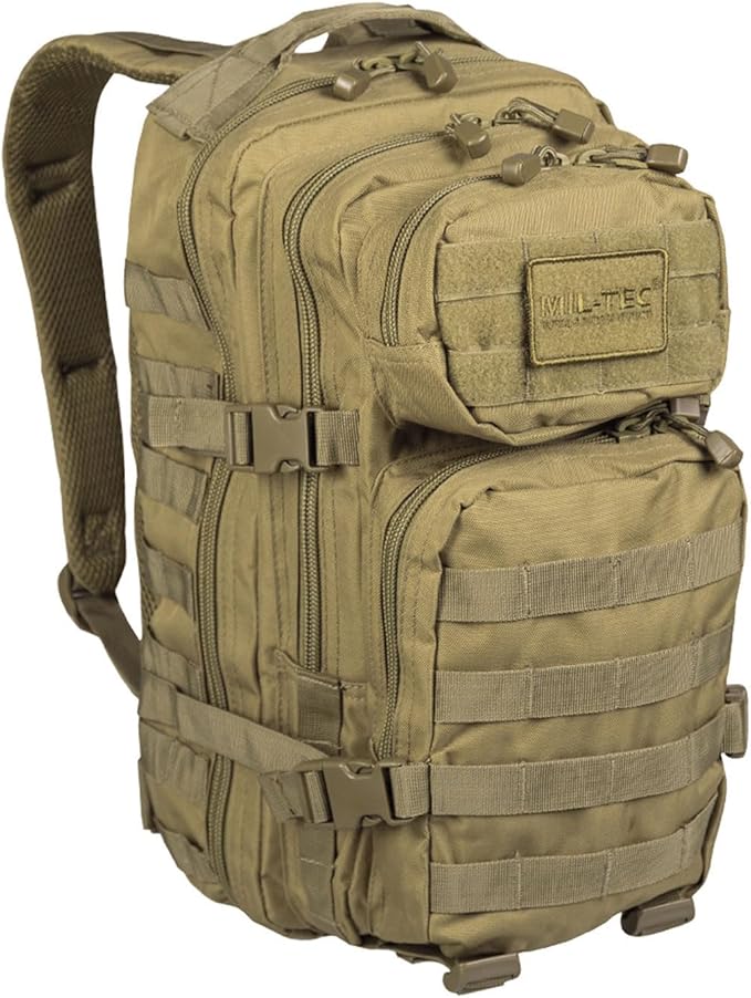 Mil-Tec Unisex Assault Pack - Rugged Durable Lightweight Ergonomic Versatile Tactical Outdoor Camping Hiking Backpack with Adjustable Padded Shoulder Straps & MOLLE Loops, Coyote, 20L