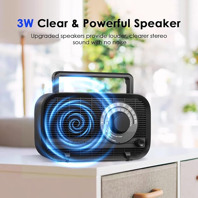 AM FM Portable Radio Plug in Wall or Battery Operated Radio with Best Reception,Bluetooth,Headphone Jack,Large Dial Easy to Use for Seniors Elderly Black