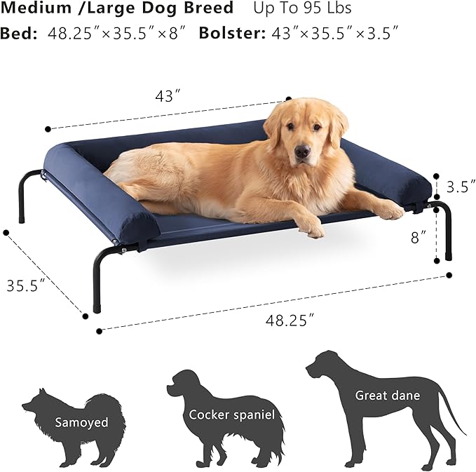 Cooling Elevated Dog Bed for Large Dogs, Portable Indoor & Outdoor Raised Dog Bed with Breathable Mesh, Chew Proof Pet Hammock Cots with Removable and Waterproof Bolsters