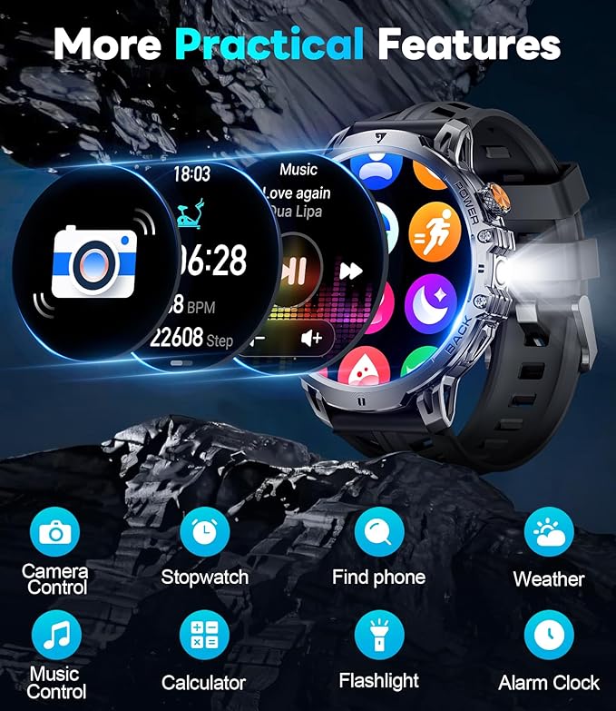 Military Smart Watch for Men, 1.85" HD Large Screen, Bluetooth Call/1000mAh/Flashlight/Heart Rate Sleep Monitor, 110+ Sports Modes Fitness Tracker Watch for Android iOS, Holiday, 3 Straps, Black