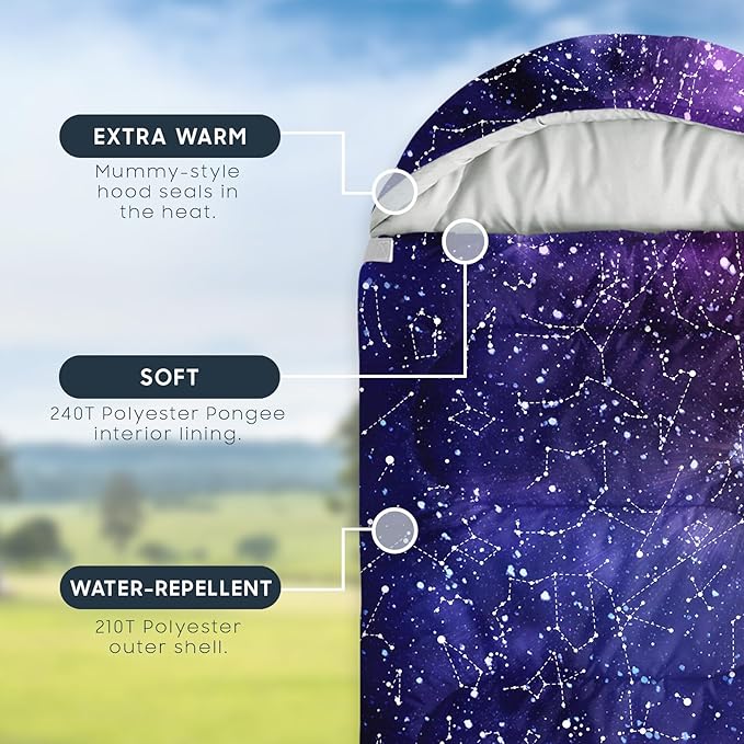 Wake In Cloud - Kids Sleeping Bag for Boys Toddlers, Camping in Warm Cold Weather, Backpacking Lightweight Compact Outdoor Liner for 3 Seasons, Constellation Galaxy