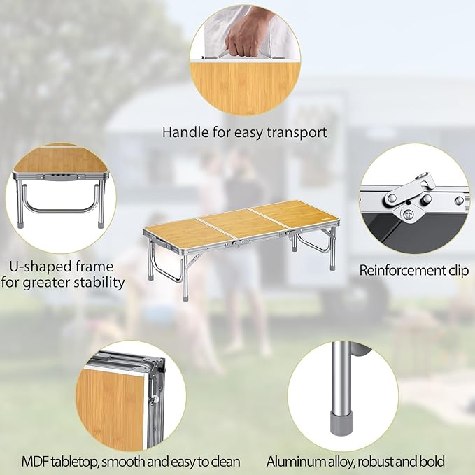 Anbte 34.2" x 15.7" Low Folding Picnic Table, 10.3" Height Thicker Aluminum Small Camping Table with Storage Bag, Portable Handle, Lightweight, for Camping Beach Party Picnic Floor, Yellow