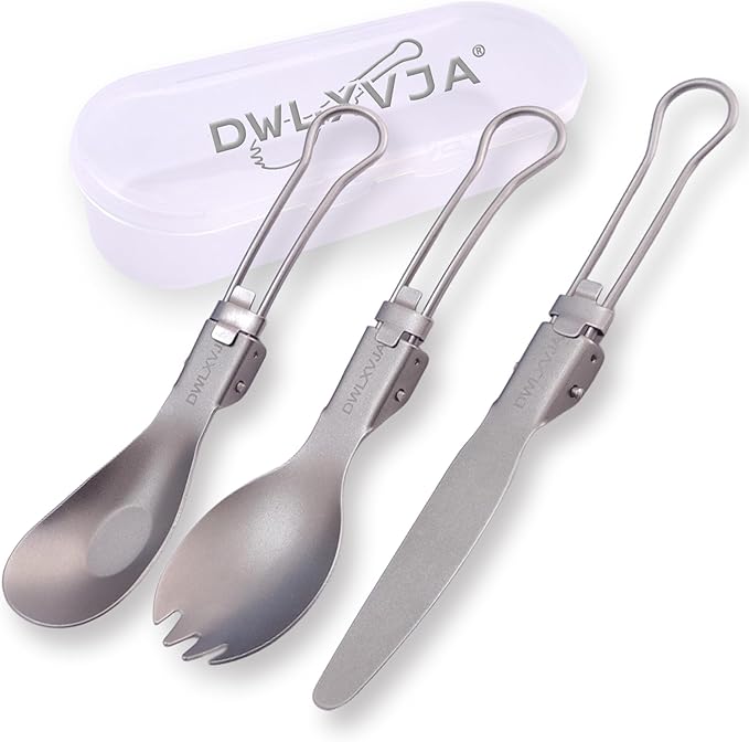 DWLXVJA Titanium Camping Utensils Set, 3-Piece Foldable Spork Spoon Knife with Case, 0.15lb Lightweight Travel Flatware for Backpacking Outdoor Hiking Office Lunch, Reusable Eco-Friendly Gift