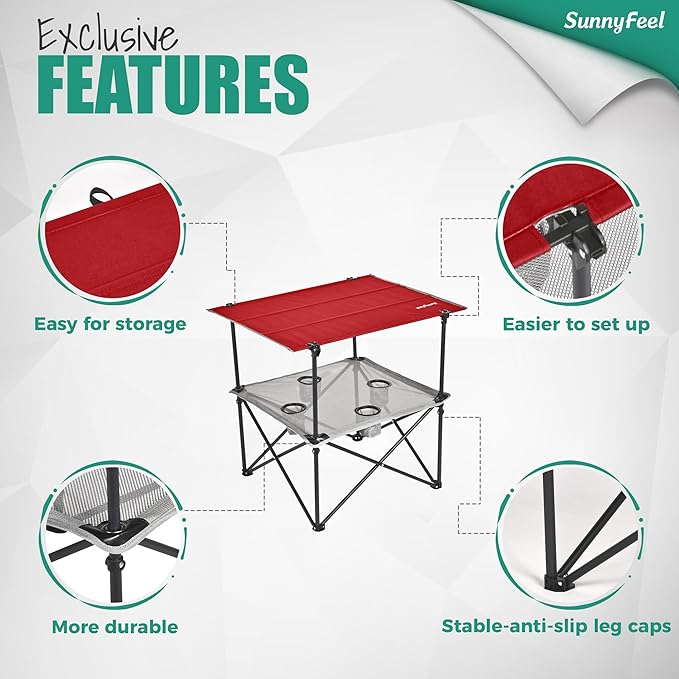 SUNNYFEEL Folding Camping Table- Collapsible Portable Beach Table with 4 Cup Holders & Carry Bags, Tailgate Table for Outdoor Excursion Picnic Hiking Fishing Travel Parties, Red