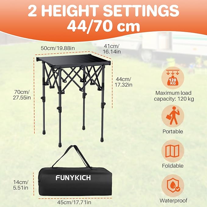 FUNYKICH Folding Camping Table(L19.9''xW16.1''), Aluminum Roll-up Portable Picnic Table with 2 Adjustable Height(17.3'' & 27.6'') for Picnic, Camping, BBQ, Party, Backyard, Beach