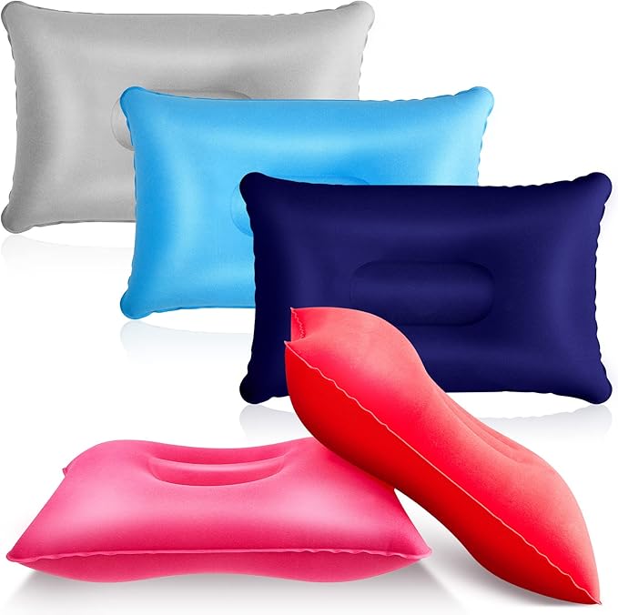 Maitys 5 Pieces Inflatable Travel Pillow Portable Compact Air Pillow Flocked Fabric Backpacking for Camping Hiking Home Office Sleeping Neck Head Lumbar Support(16.93 x 10.63 Inches,Multicolor)