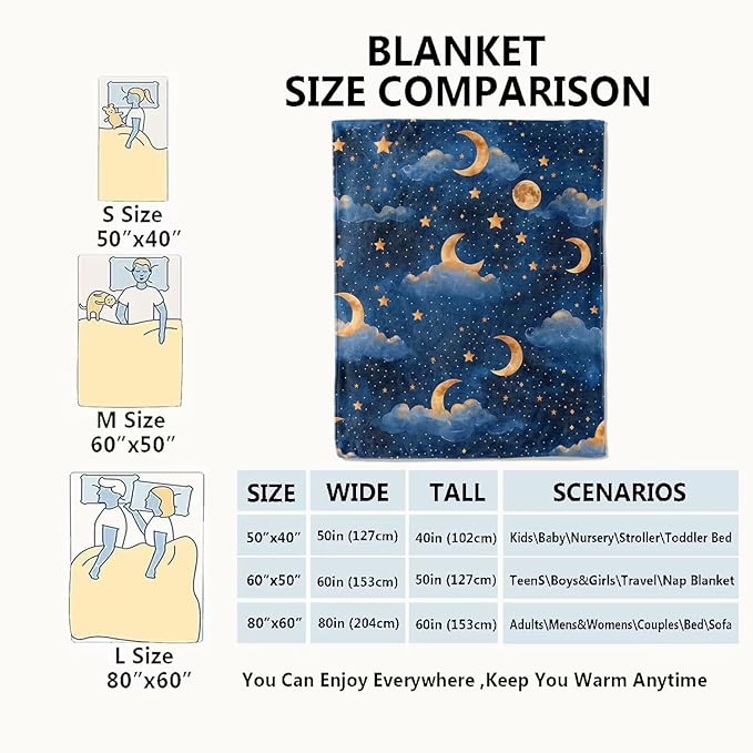 Moon Cloud Stars Blanket Dreamy Night Sky Throw Blankets Gifts for Girls Boys Adults Lightweight Soft Fleece Cozy for Sofa Couch Bed Room Travel Birthday Party Decor 40x50in