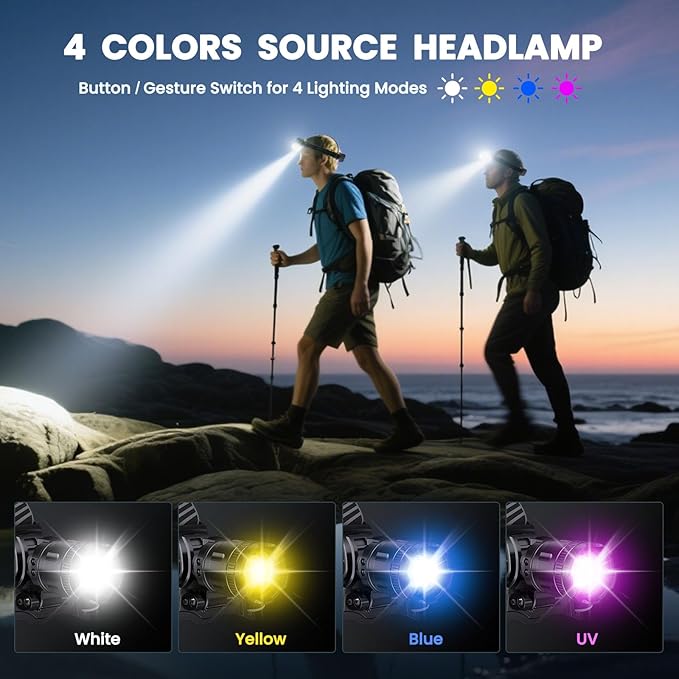 YNYS Rechargeable Headlamp with 4 Colors (White/Yellow/Blue/UV),990000Lumens Super Bright Headlights with 90° Adjustable, Zoomable, Waterproof Led Head lamp for Fishing Hunting Camping