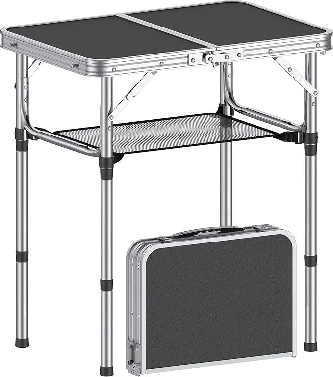 Folding Camping Table, 2 FT Folding Portable Camping Table, Outdoor&Indoor Picnic Table with 3 Adjustable Height Max 27.1",Lightweight Aluminum Camping Tables, Car Camping Essentials-Black