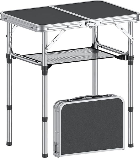 Folding Camping Table, 2 FT Folding Portable Camping Table, Outdoor&Indoor Picnic Table with 3 Adjustable Height Max 27.1",Lightweight Aluminum Camping Tables, Car Camping Essentials-Black