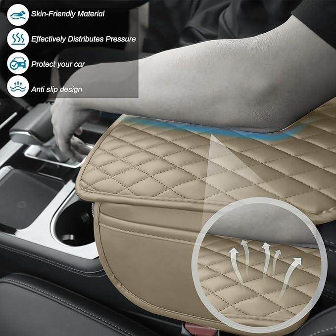 Car Center Console Cover, Upgraded Microfiber Leather Car Arm Rest Cover with 2 Storage Bags, Universal Armrest Cover for Car Storage Box Car Interior Accessories Protector for Most Vehicle-Beige