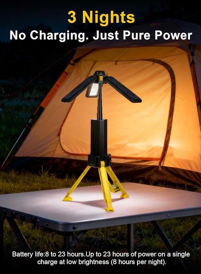 15000mAh Rechargeable Telescopic Camping Light, Portable Flashlight & Lantern with Reinforced Tripod Base, Height Adjustable Dimmable Tent Light, Power Bank for Outdoor BBQ, Hiking, Job Site, Yellow