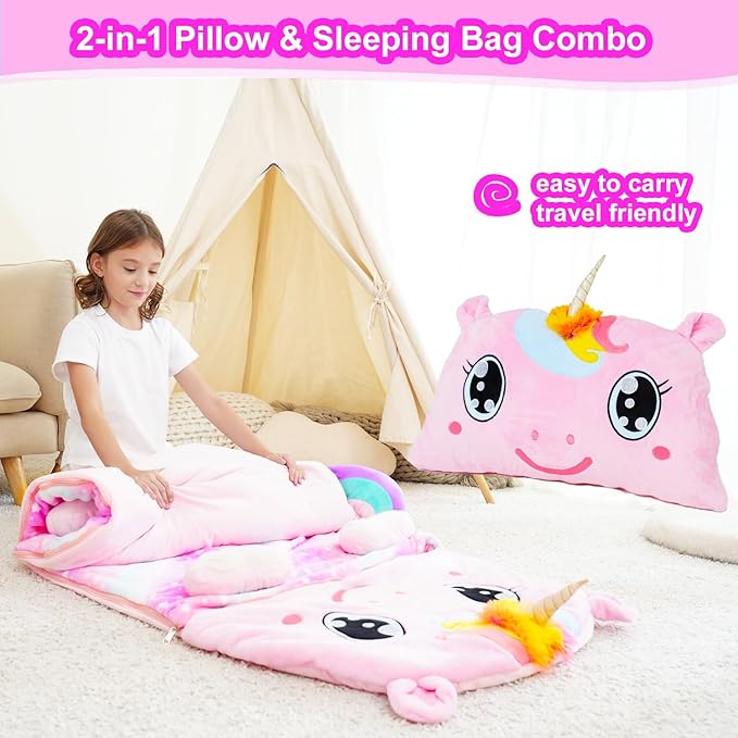 Kid Sleeping Bag with Pillow - Larger Nap Mat - Plush Slumber Bag for Boys Girls Daycare Preschool Kindergarten Birthday Gift Travel Sleepover Ages 3-12 Years