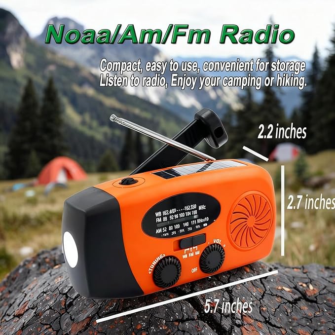 Emergency Weather Radio, 2000mAh Solar Hand Crank Portable AM/FM NOAA Radio, Battery Powered with Cell Phone Charger, LED Flashlight, SOS Alarm for Camping & Home Emergencies (Orange)