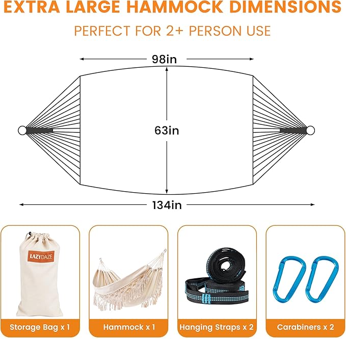 Lazy Daze Hammocks Double Brazilian Cotton Hammock, Extra Large Portable Outdoor Camping Hammock with Tree Straps & Travel Bag for Backyard Patio Poolside Indoor, 550lbs Capacity, Beige