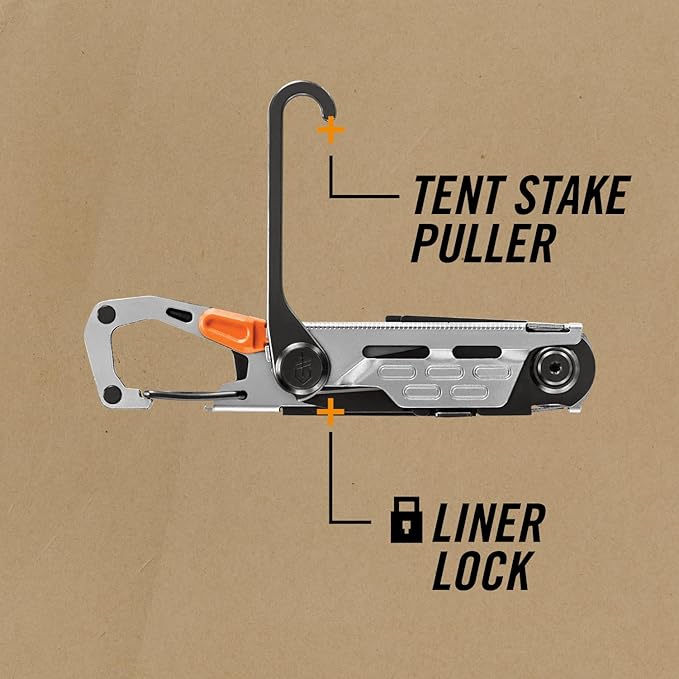 Gerber Gear Stake Out 11-in-1 Multi-tool - 2.2" Plain Edge Blade, Tent Stake Puller, Carabiner Carry - EDC Gear and Equipment - Bronze