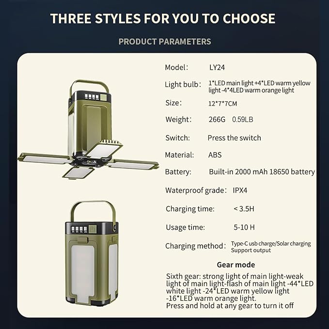 Solar Rechargeable Camping Lantern,6 Modes of Light Adjustment,2000mAh LED IPX4 Waterproof Protable Camping Light,Used for Emergency Lights for Home/Camp/Travle/Outdoor/Fishing/Hunting/Exploring