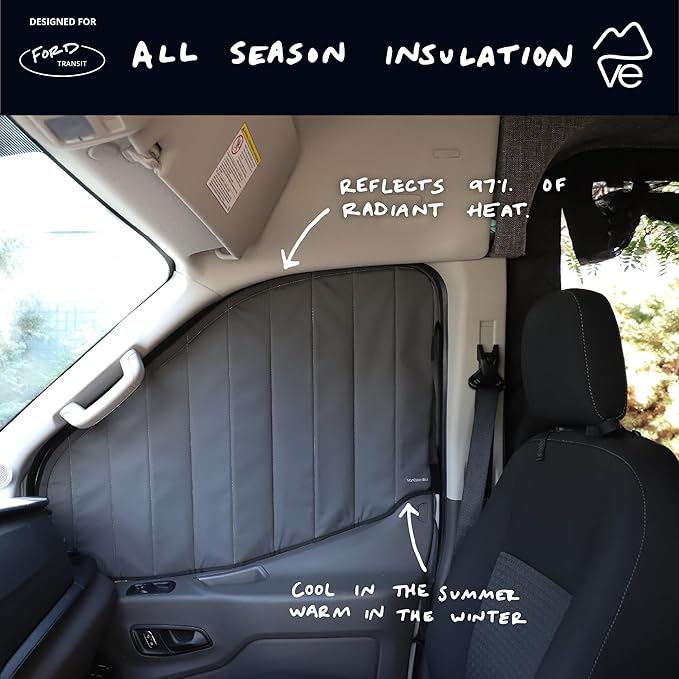 VanEssential Insulated Stealth Blackout Front Door Window Covers Designed for Ford Transit Van High and Medium Roof Year 2015 to Current (Pair) - Charcoal Gray