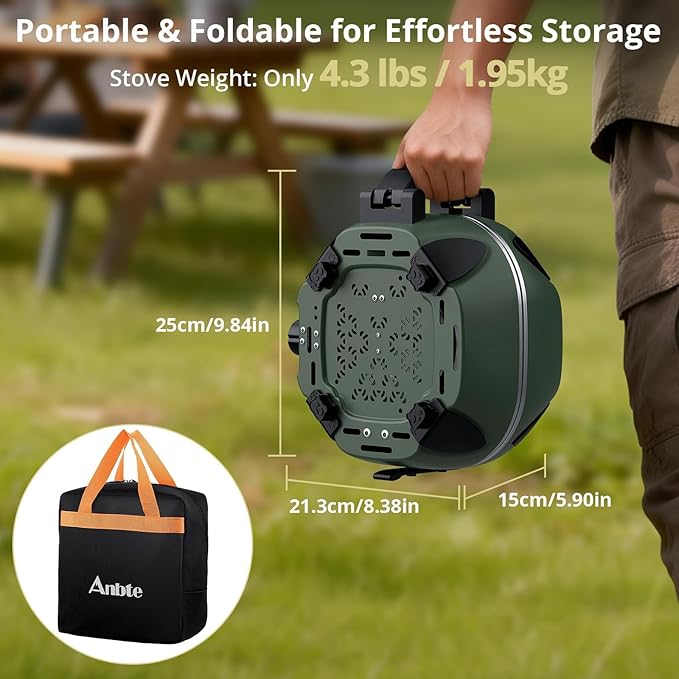 Anbte 20.6" Wide Spacing Propane Camping Stove, Folding Camping Stove with Adjustable Burners & Storage bag, Portable Handle for Outdoor Cooking Beach RV Travel BBQ Tailgating & Emergency Use, Green