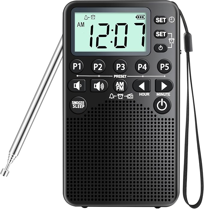 Battery Operated Portable Pocket AM/FM Radio | Digital Tuning, Loud Speaker, Excellent Reception | Portable Emergency & Outdoor Radio with LCD Screen, Alarm Clock, Preset, Sleep Timer, Snooze