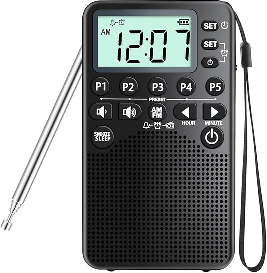 Battery Operated Portable Pocket AM/FM Radio | Digital Tuning, Loud Speaker, Excellent Reception | Portable Emergency & Outdoor Radio with LCD Screen, Alarm Clock, Preset, Sleep Timer, Snooze