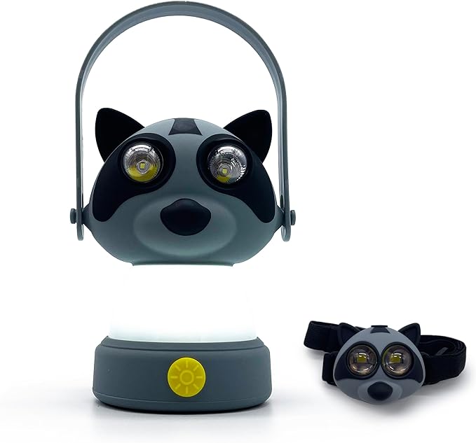 Outdoor Equipment LED Camping Lantern & Headlamp Set for Kids, FANT.LUX Battery Powered Night Light for Emergency, Hurricane, Lightweight Tent Lamp for Children (Raccoon Set)