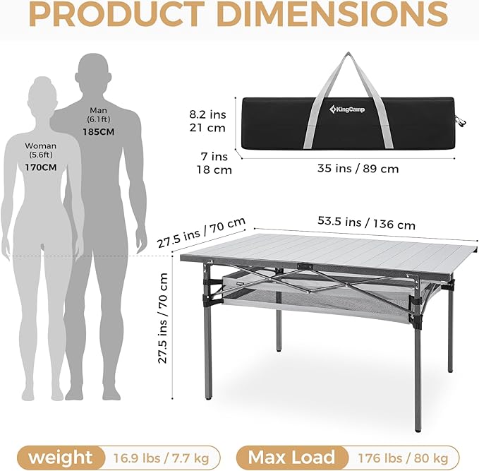 KingCamp Folding Camping Table, Aluminum Roll-Up Camp Table, Large Foldable Table for 4-6 Person, Outdoor Portable Tables with Carry Bag, 180 LBS Heavy Duty Load (Silver+Mesh：53.5" × 27.5")