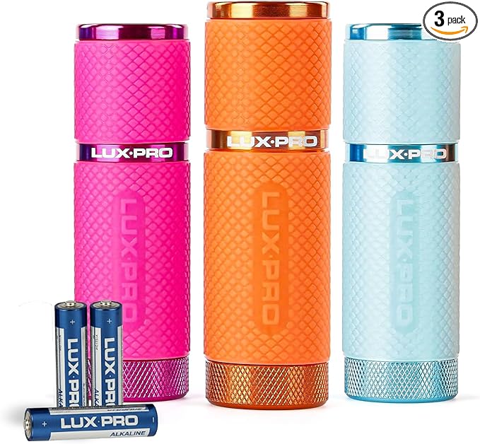 LUXPRO 3 Pack Mini Flashlights - LP395 Gel Glow in Dark - Aluminum LED Flashlights with Maximum Brightness of 40 Lumens - IPX4 Water Resistant - 3 AAA Batteries Included - Pink, Orange & Teal
