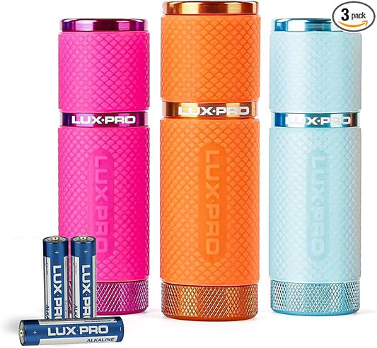 LUXPRO 3 Pack Mini Flashlights - LP395 Gel Glow in Dark - Aluminum LED Flashlights with Maximum Brightness of 40 Lumens - IPX4 Water Resistant - 3 AAA Batteries Included - Pink, Orange & Teal