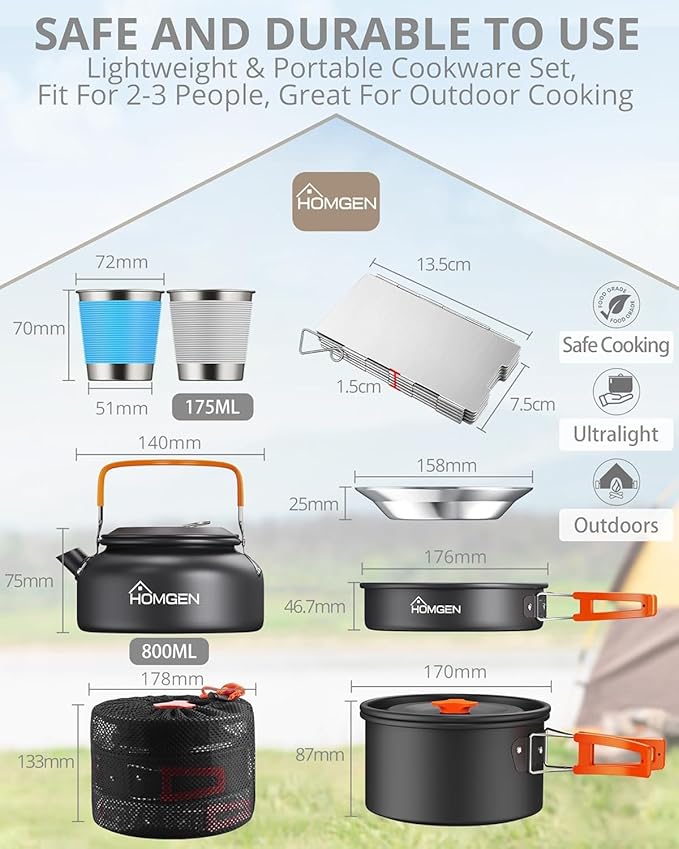 HOMGEN Portable Camping Cooking Set with Folding Windscreen-Lightweight Aluminum Camp Pots and Pan-800ml Teapot- 2 Cups & Plates- Complete Camping Mess Kit for Hiking Picnic Camping RV Trevel Trip