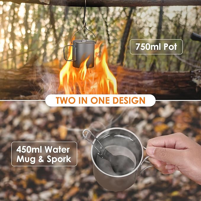Lixada Titanium Camping Cookware with Folding Spork, 750ml Camping Titanium Pot & 450ml Coffee Mug with Foldable Handle & Lid, Portable Outdoor Cookware Set for Backpacking Hiking Cooking