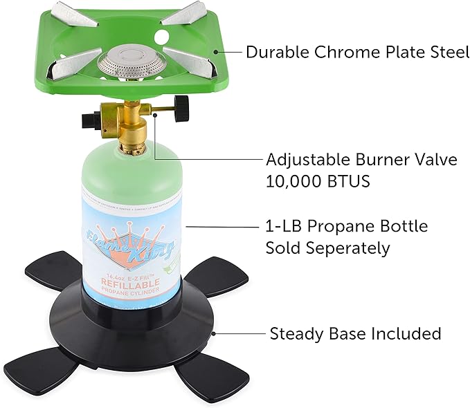 Flame King YSNVT-508 Portable BottleTop Camping Stove with Stable Lightweight Base Stand, Great for Outdoor Cooking, Backpacking, Compatible with 1LB Propane Gas Bottle