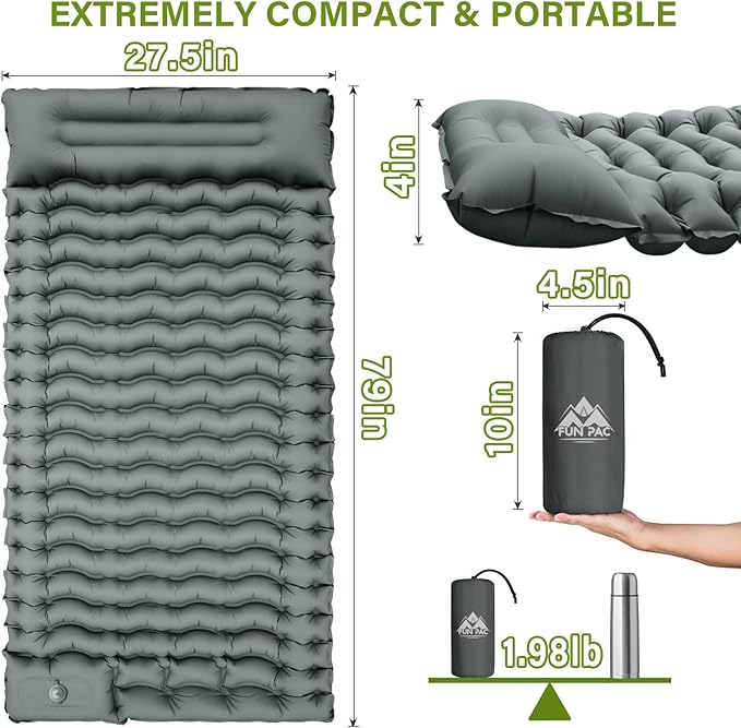 FUN PAC Camping Sleeping Pad, Ultralight Camping Mat with Pillow Built-in Foot Pump Inflatable Sleeping Pads Compact for Camping Backpacking Hiking Traveling - Gray