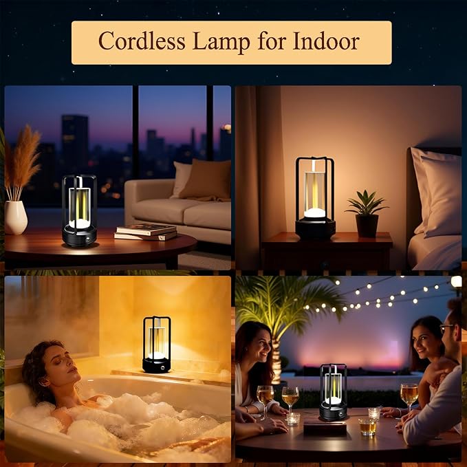 Set of 2 Cordless Table Lamps, LED Rechargeable Table Lamp with 3 Color Stepless Dimmable, Indoor/Outdoor Table lamp for Patio/Camping/Bar/Coffee/Restaurant/Bathroom (Black 2 Pcs)