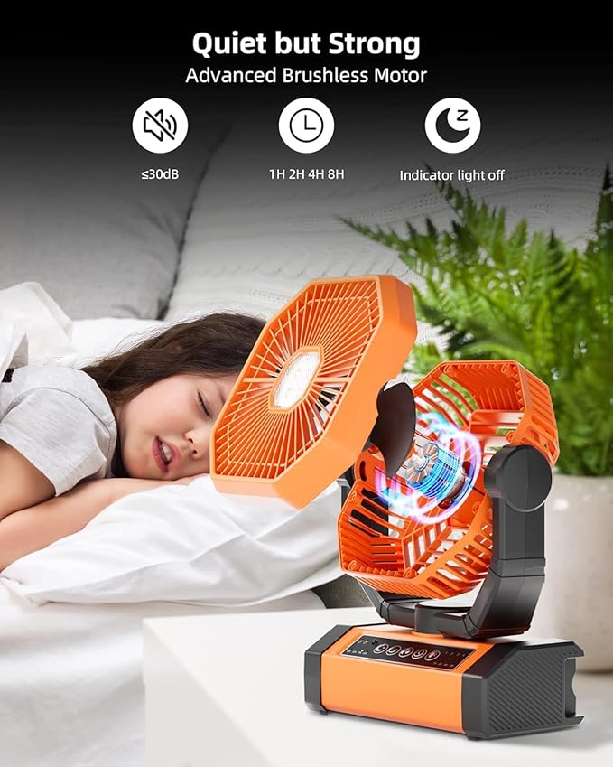 MORIKO Table Fans, 10000mAh Rechargeable Battery Operated Portable Tent Fan with LED Lantern, Remote Control, Hook, 270° Pivot, Stepless Speed-Ideal for Camping, Picnic, Barbecue, Jobsite
