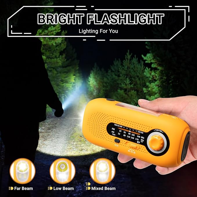Solar Hand Crank Emergency Radio - 2000mAh Portable Weather Radio with AM/FM/NOAA, 3-Mode Flashlight, SOS Alarm & Cell Phone Charger for Outdoor & Home Use