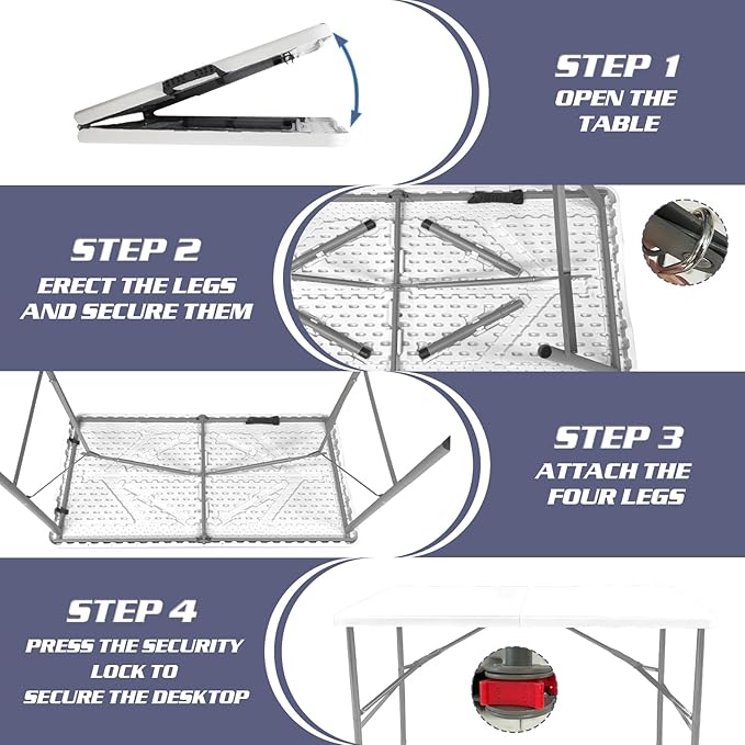 Camp Field Set 4 Foot Folding Table with Table Cloth, Spandex Stretch Table Covers, Fold-in-Half, Portable Heavy Duty Plastic Folding Table with Handle, Indoor Outdoor Use(White Set, 4FT)