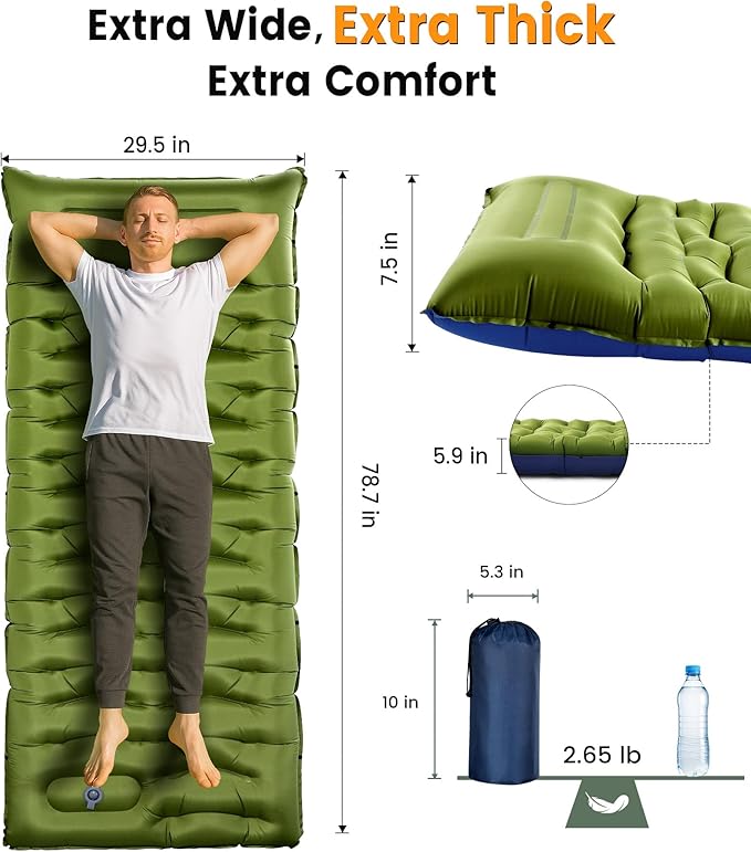 Camping Sleeping Pad,5.9 Inch Thick Camping Mat with Built in Pillow and Foot Pump,Self Inflating Sleeping Pad for Camping Backpacking（Green